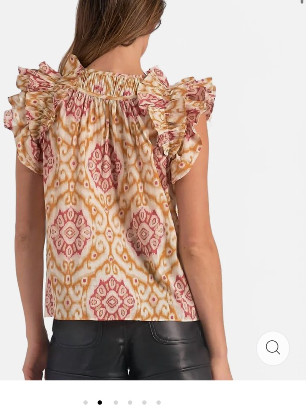 Elan Pink and Gold Ruffled Tie-Neck Ikat Blouse size S - Picture 2 of 3